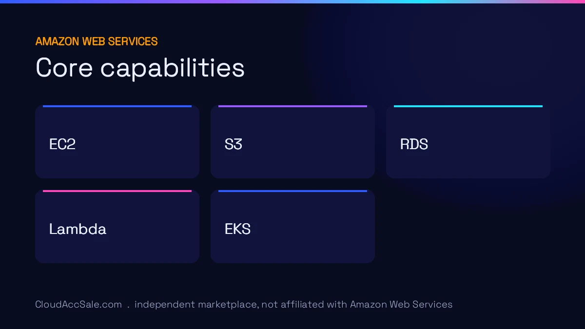 Amazon Web Services core capabilities: EC2, S3, RDS, Lambda, EKS.