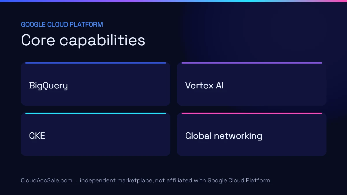 Google Cloud Platform core capabilities: BigQuery, Vertex AI, GKE, Global networking.