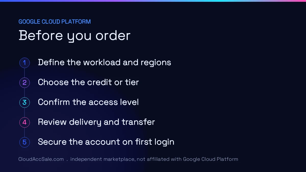 Five steps before ordering a Google Cloud Platform account: Define the workload and regions; Choose the credit or tier; Confirm the access level; Review delivery and transfer; Secure the account on first login.
