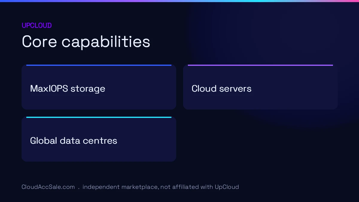 UpCloud core capabilities: MaxIOPS storage, Cloud servers, Global data centres.